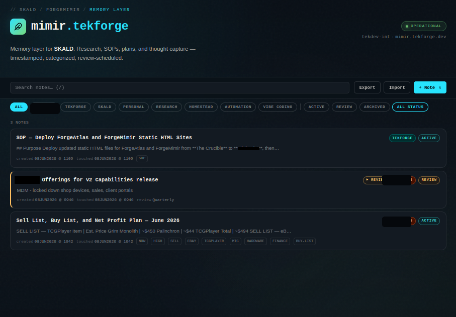 ForgeMimir memory layer showing searchable notes, categories, statuses, and a long-term SOP note.